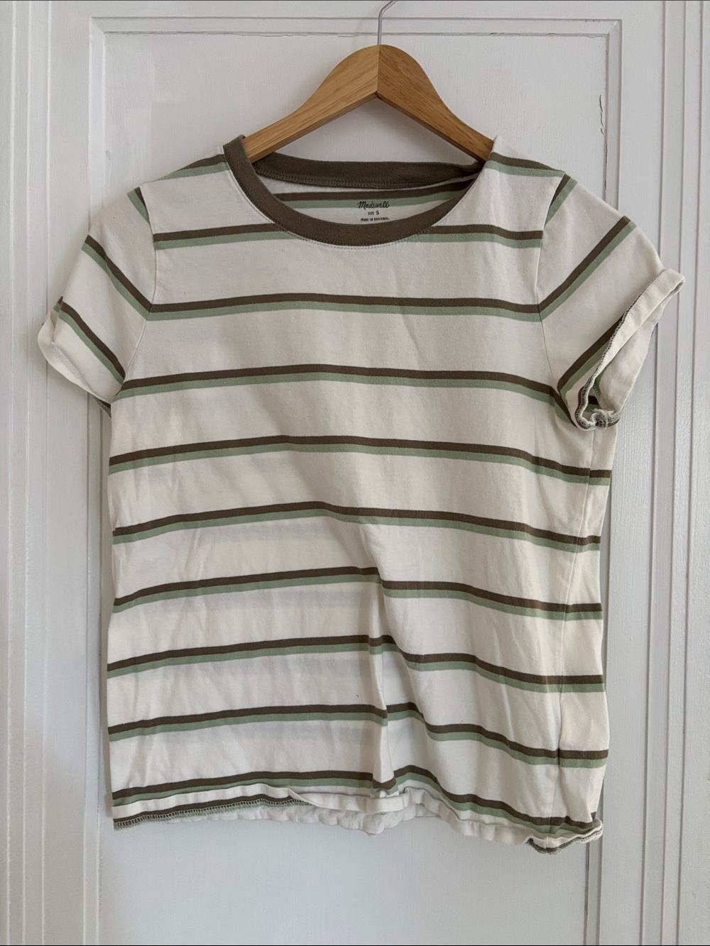 Madewell Cream & Olive Striped Crewneck Tee